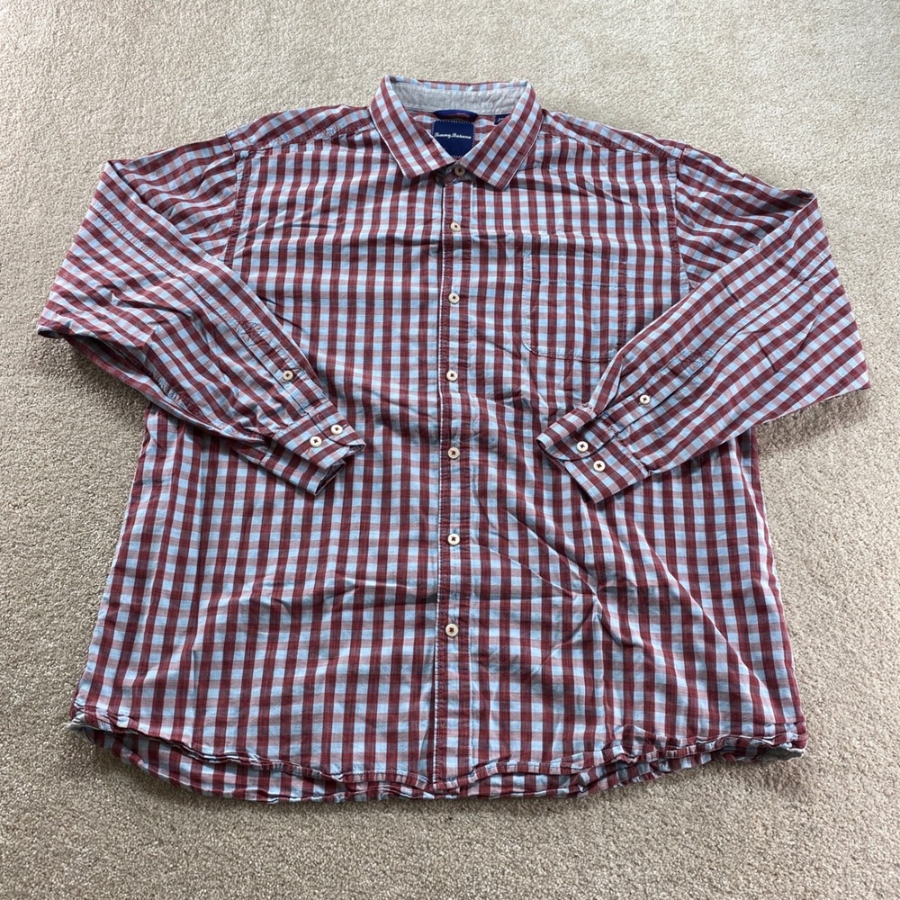 Tommy Bahama Shirt Mens XXL Red Blue Gingham Cotton Silk Long Sleeve Button Up